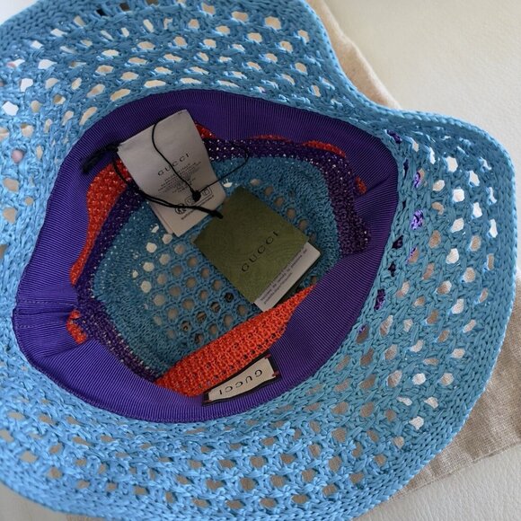 NWT GUCCI  Gg-Logo Striped Faux-Raffia Hat $750 SZ S Bucket Purple Blue Red - Picture 5 of 10